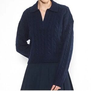 Aritzia Sunday Best Cropped Cable Knit Polo Lottie Sweater Navy Blue - Large